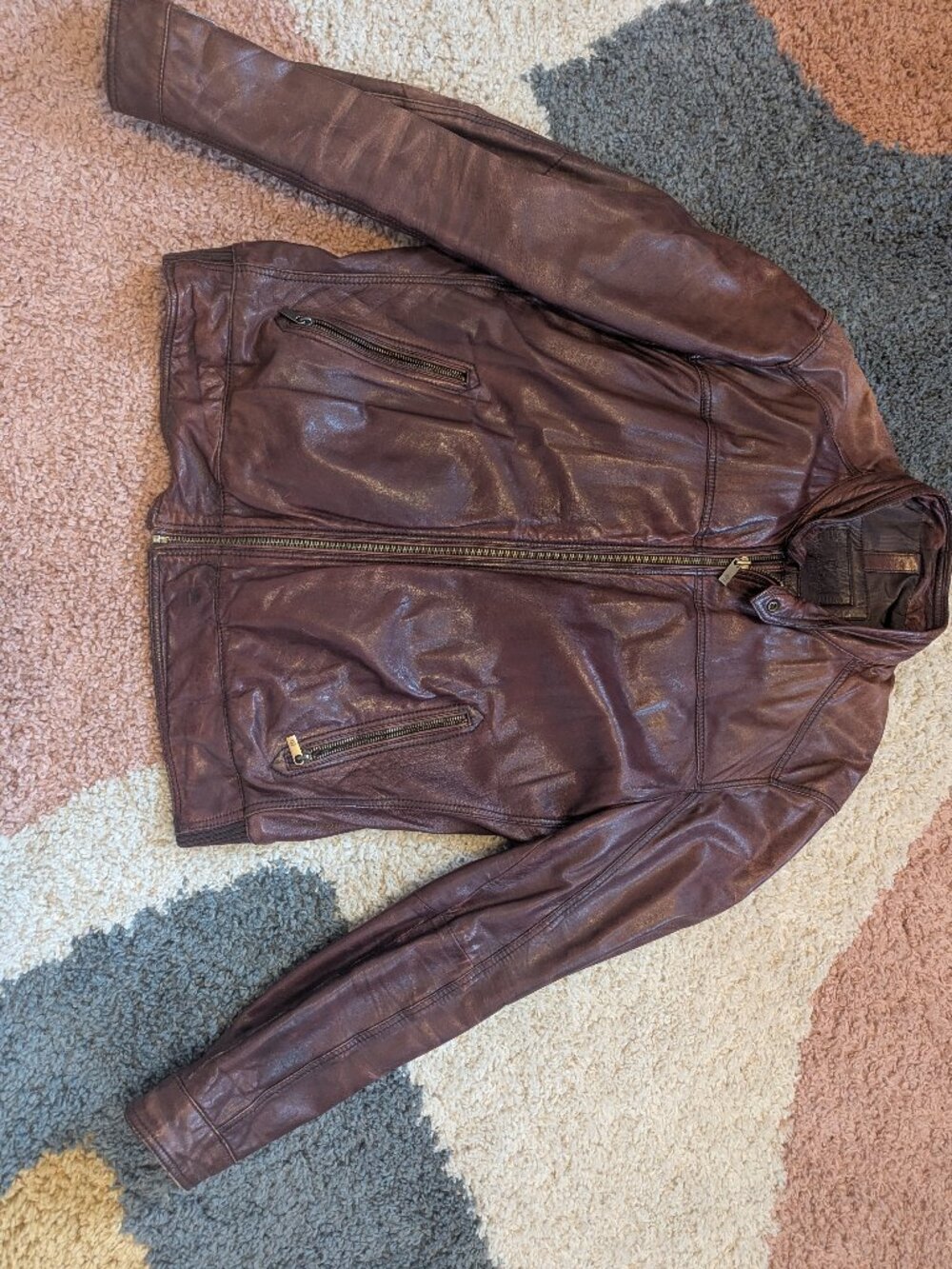 Massimo Dutti Brown Genuine Leather Moto Jacket Men's Vintage